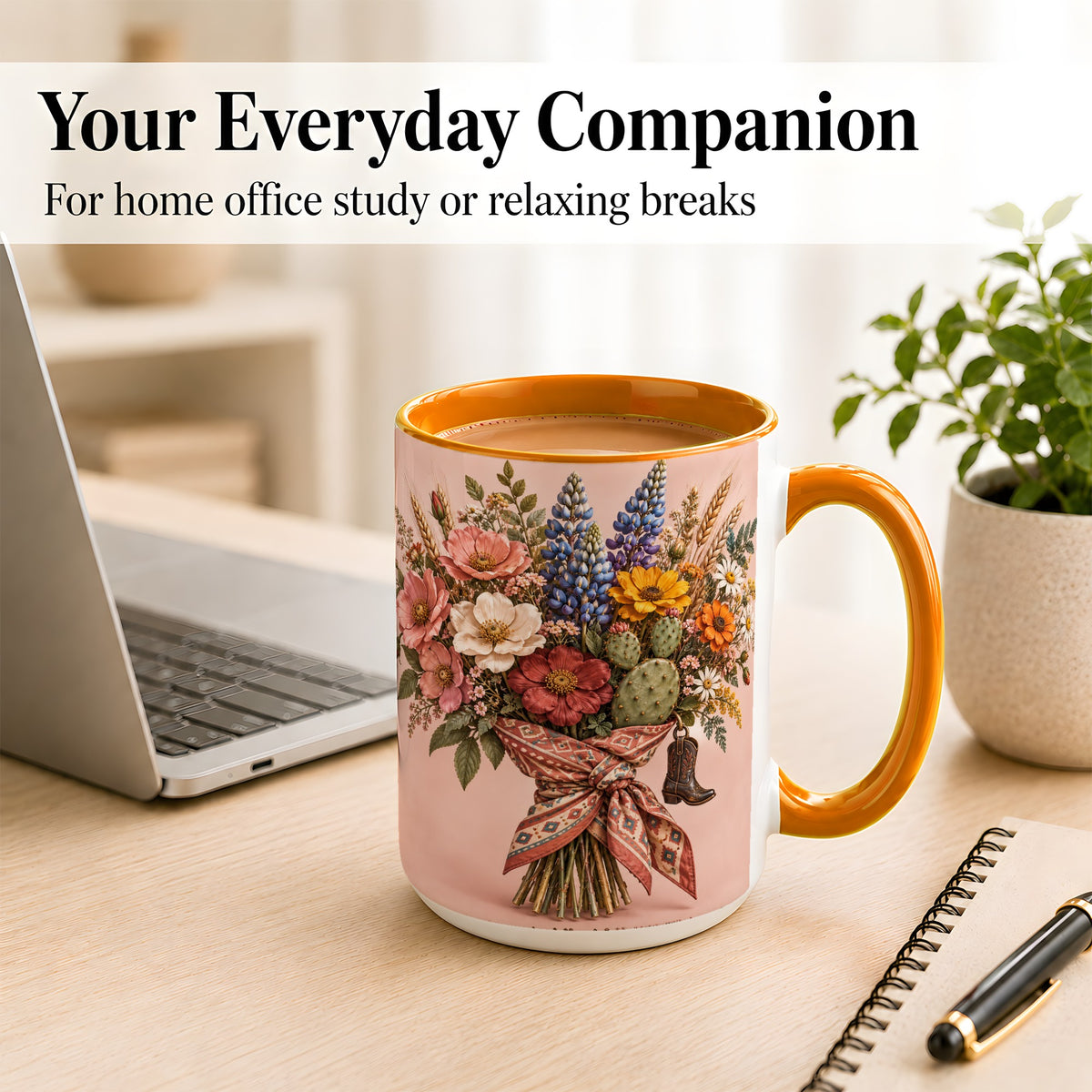 #pl[15oz|Orange] Western Bouquet Coffee Mug, Cowgirl Wildflower Mug, Ceramic Cup