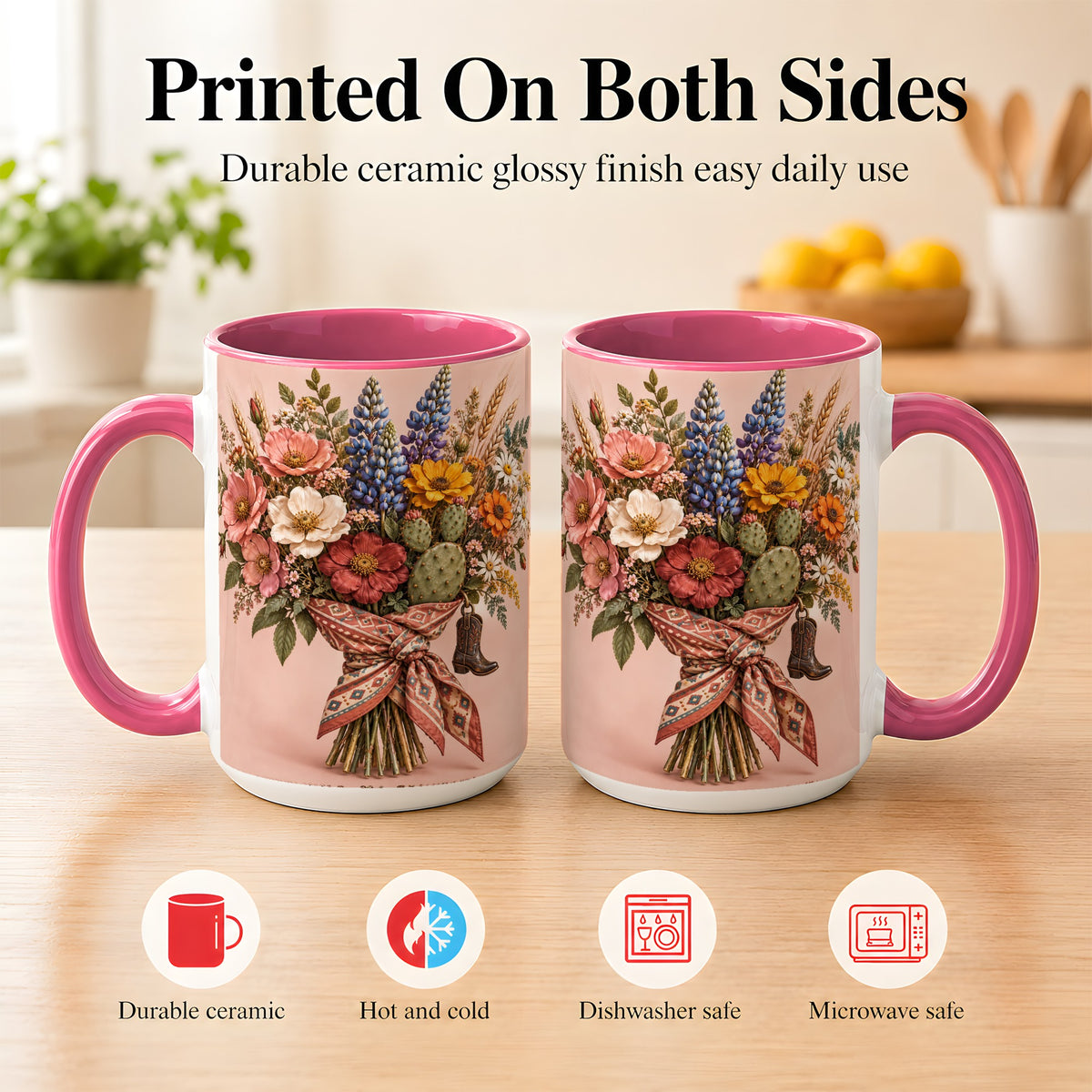 #pl[15oz|Pink] Western Bouquet Coffee Mug, Cowgirl Wildflower Mug, Ceramic Cup