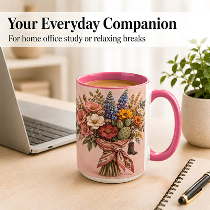 #pl[15oz|Pink] Western Bouquet Coffee Mug, Cowgirl Wildflower Mug, Ceramic Cup