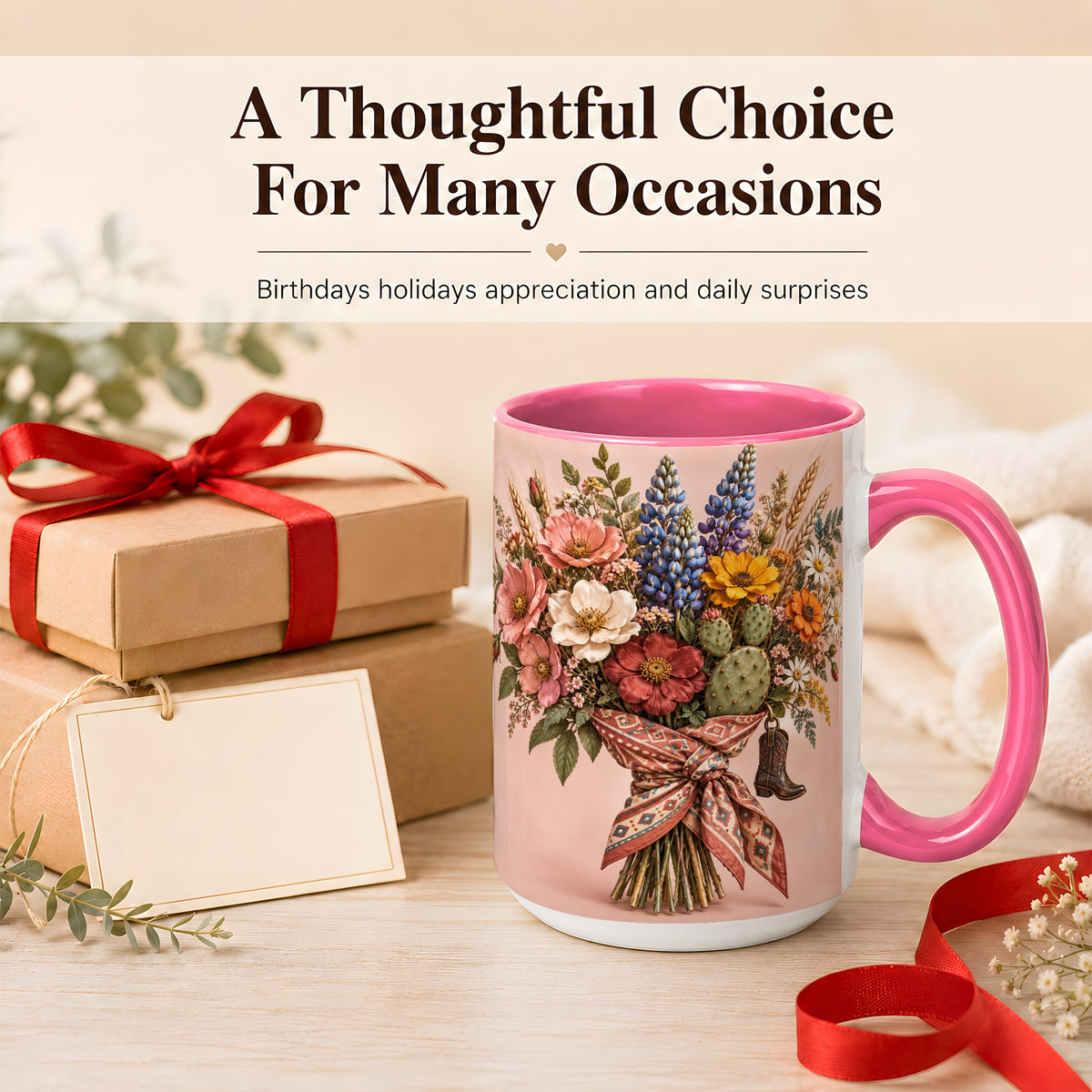 #pl[15oz|Pink] Western Bouquet Coffee Mug, Cowgirl Wildflower Mug, Ceramic Cup