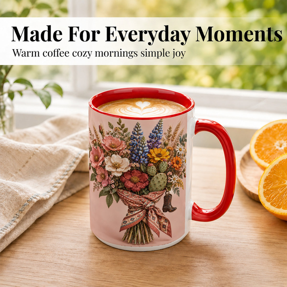 #pl[15oz|Red] Western Bouquet Coffee Mug, Cowgirl Wildflower Mug, Ceramic Cup