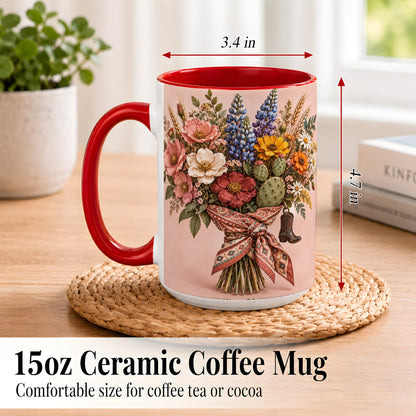 #pl[15oz|Red] Western Bouquet Coffee Mug, Cowgirl Wildflower Mug, Ceramic Cup