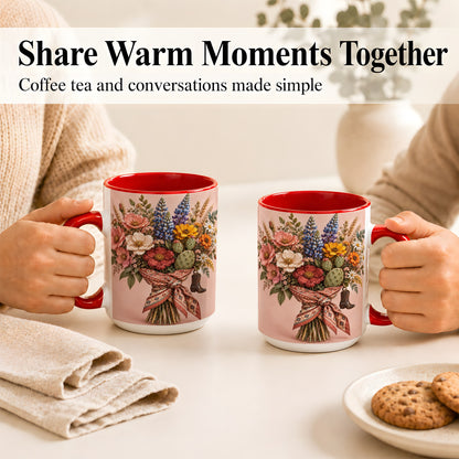 #pl[15oz|Red] Western Bouquet Coffee Mug, Cowgirl Wildflower Mug, Ceramic Cup