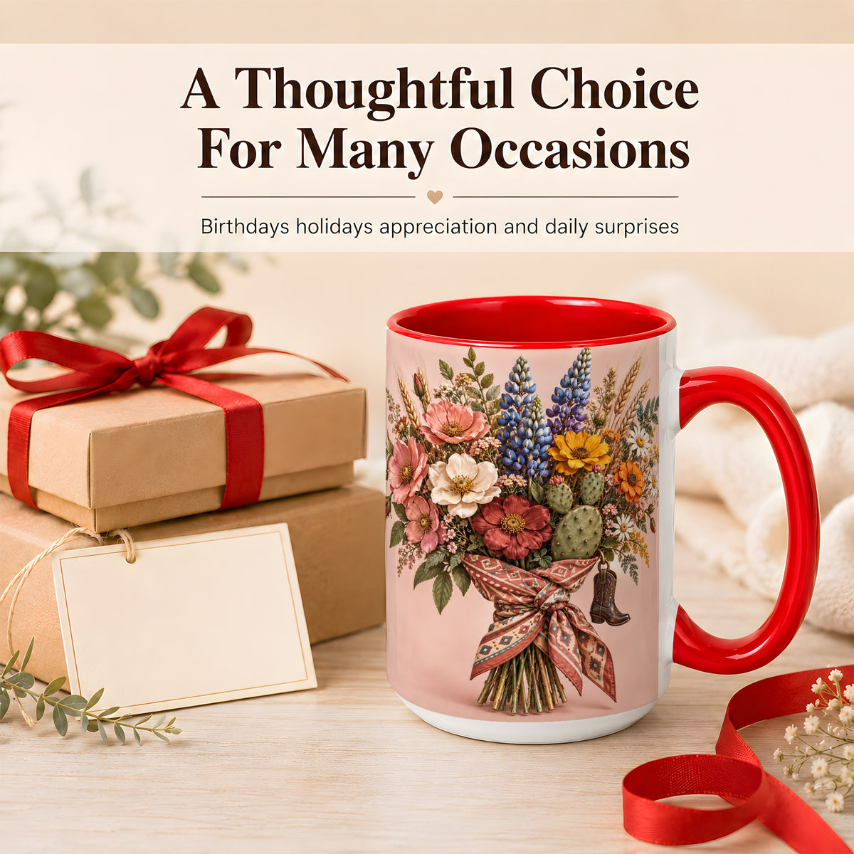 #pl[15oz|Red] Western Bouquet Coffee Mug, Cowgirl Wildflower Mug, Ceramic Cup