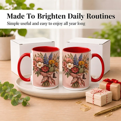 #pl[15oz|Red] Western Bouquet Coffee Mug, Cowgirl Wildflower Mug, Ceramic Cup