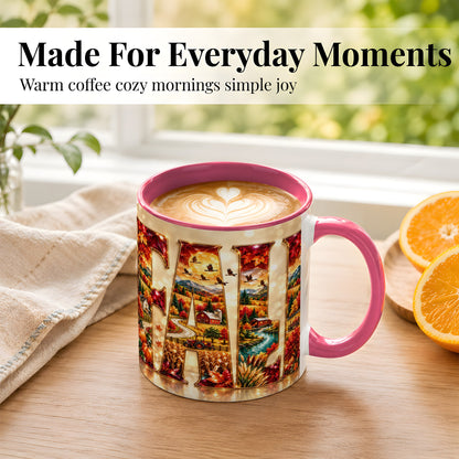 #pl[11oz|Pink] Autumn Farm Coffee Mug, Fall Landscape Mug, Ceramic Cup