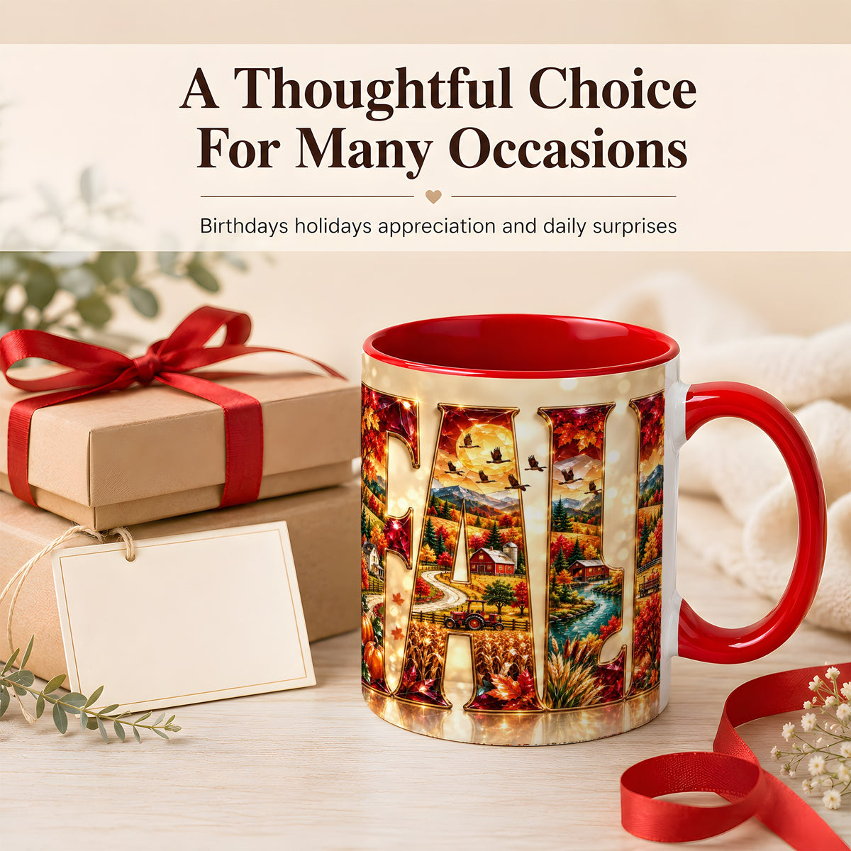 #pl[11oz|Red] Autumn Farm Coffee Mug, Fall Landscape Mug, Ceramic Cup