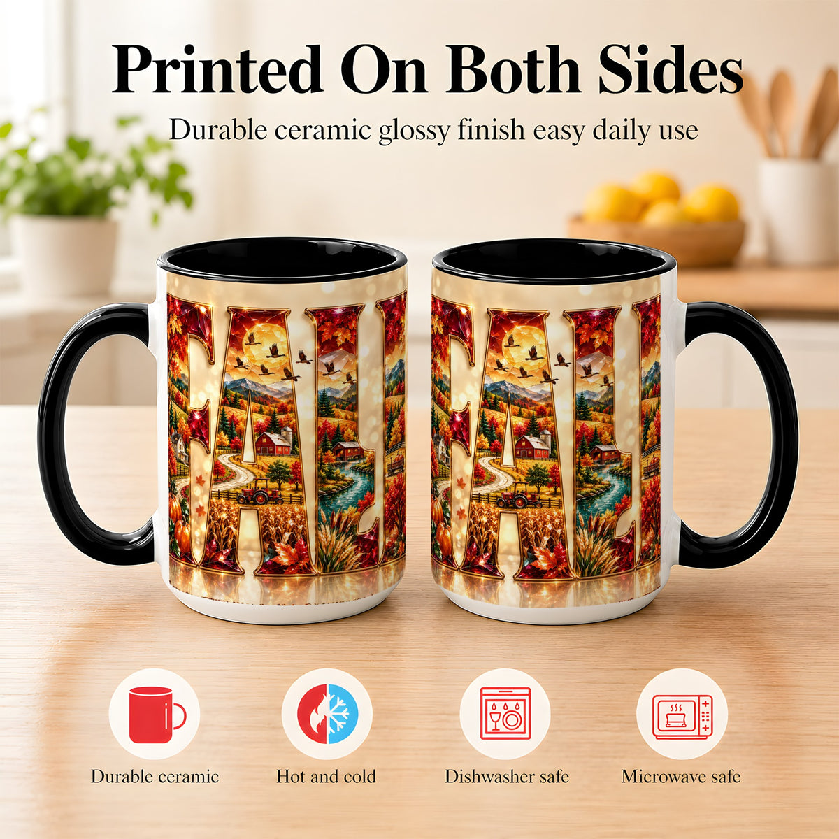 #pl[15oz|Black] Autumn Farm Coffee Mug, Fall Landscape Mug, Ceramic Cup