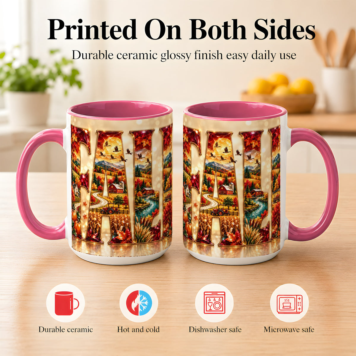 #pl[15oz|Pink] Autumn Farm Coffee Mug, Fall Landscape Mug, Ceramic Cup