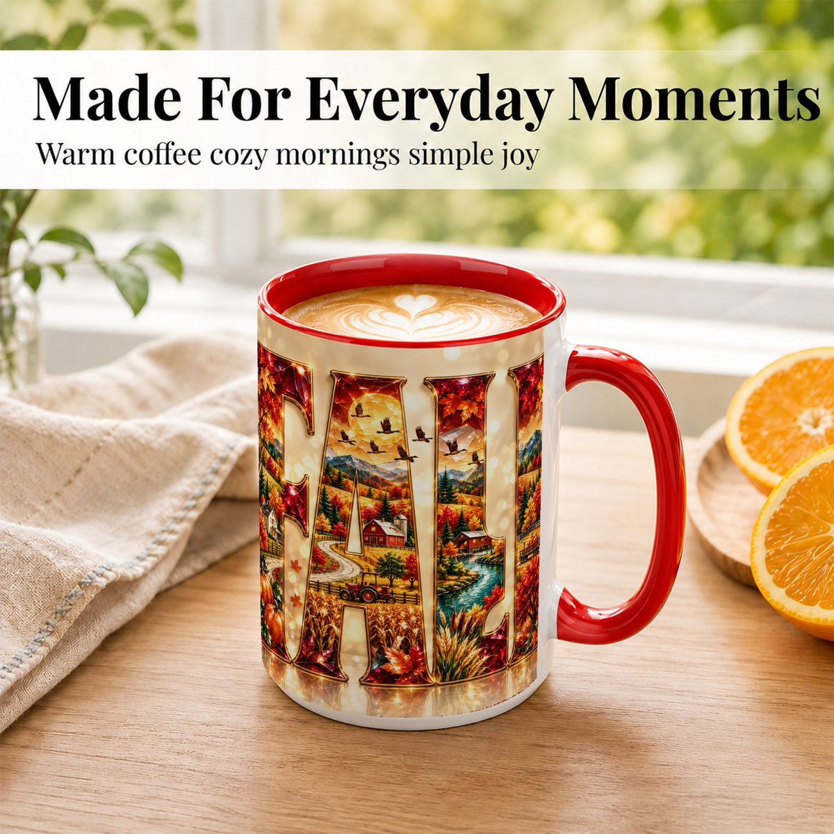 #pl[15oz|Red] Autumn Farm Coffee Mug, Fall Landscape Mug, Ceramic Cup
