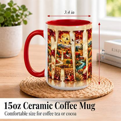 #pl[15oz|Red] Autumn Farm Coffee Mug, Fall Landscape Mug, Ceramic Cup
