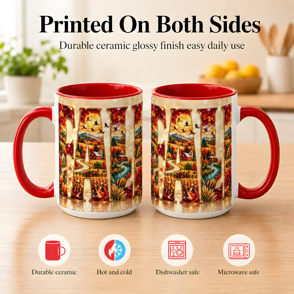 #pl[15oz|Red] Autumn Farm Coffee Mug, Fall Landscape Mug, Ceramic Cup