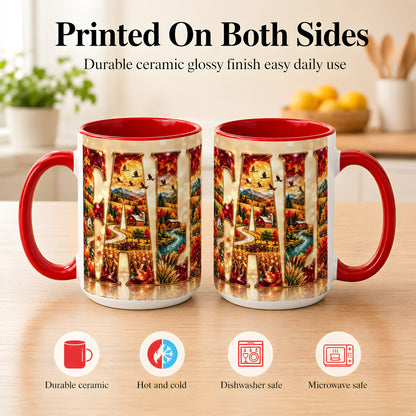 #pl[15oz|Red] Autumn Farm Coffee Mug, Fall Landscape Mug, Ceramic Cup