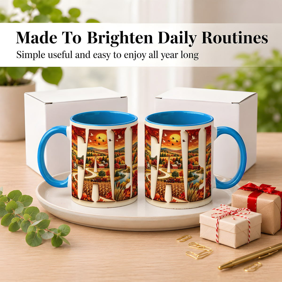#pl[11oz|Blue] Autumn Farm Coffee Mug, Fall Harvest Mug, Ceramic Cup