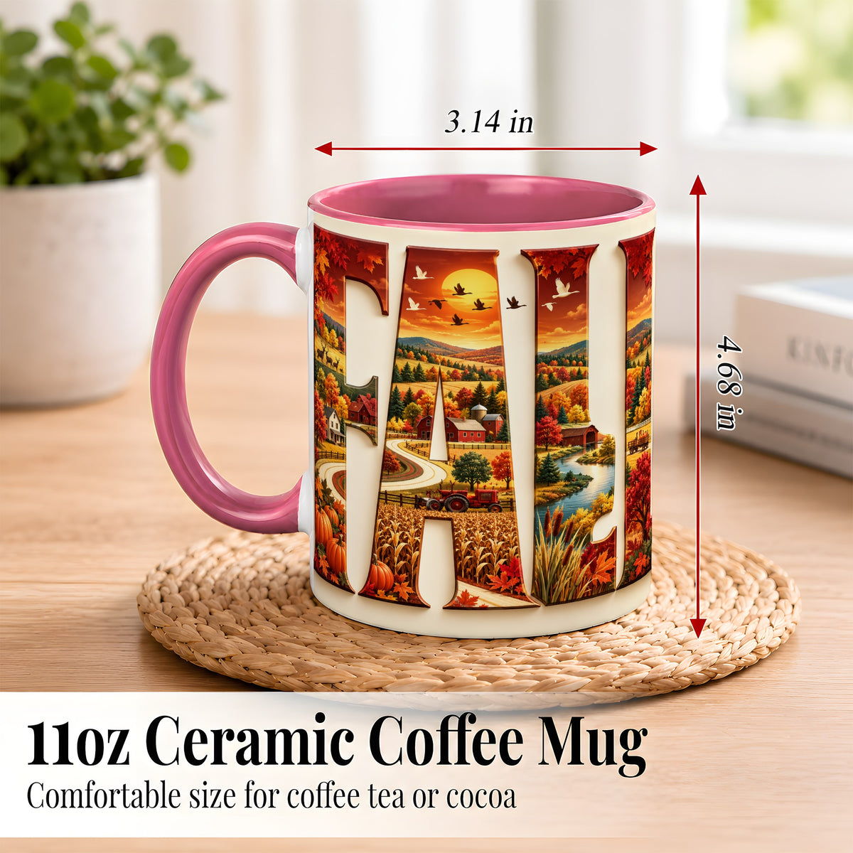 #pl[11oz|Pink] Autumn Farm Coffee Mug, Fall Harvest Mug, Ceramic Cup