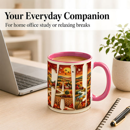 #pl[11oz|Pink] Autumn Farm Coffee Mug, Fall Harvest Mug, Ceramic Cup
