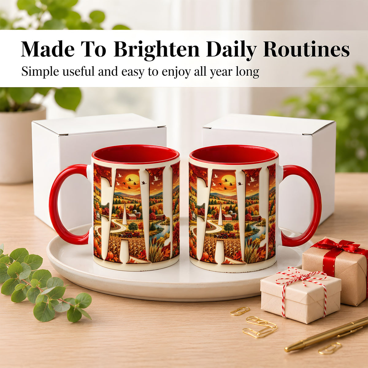 #pl[11oz|Red] Autumn Farm Coffee Mug, Fall Harvest Mug, Ceramic Cup