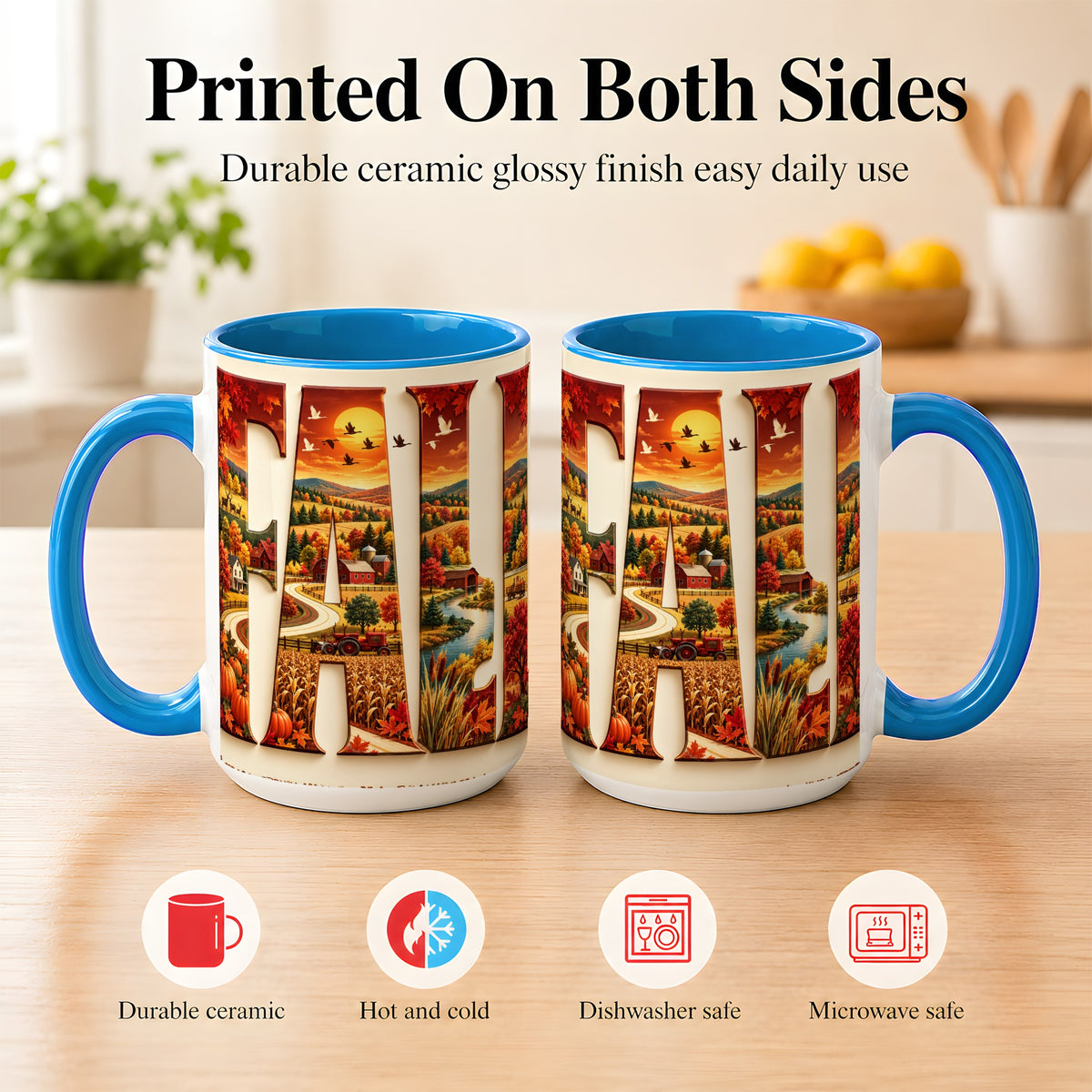 #pl[15oz|Blue] Autumn Farm Coffee Mug, Fall Harvest Mug, Ceramic Cup