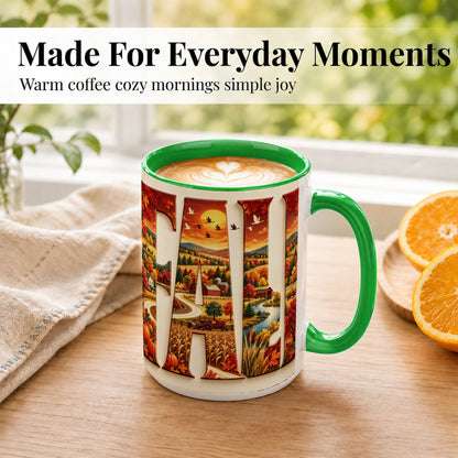 #pl[15oz|Green] Autumn Farm Coffee Mug, Fall Harvest Mug, Ceramic Cup