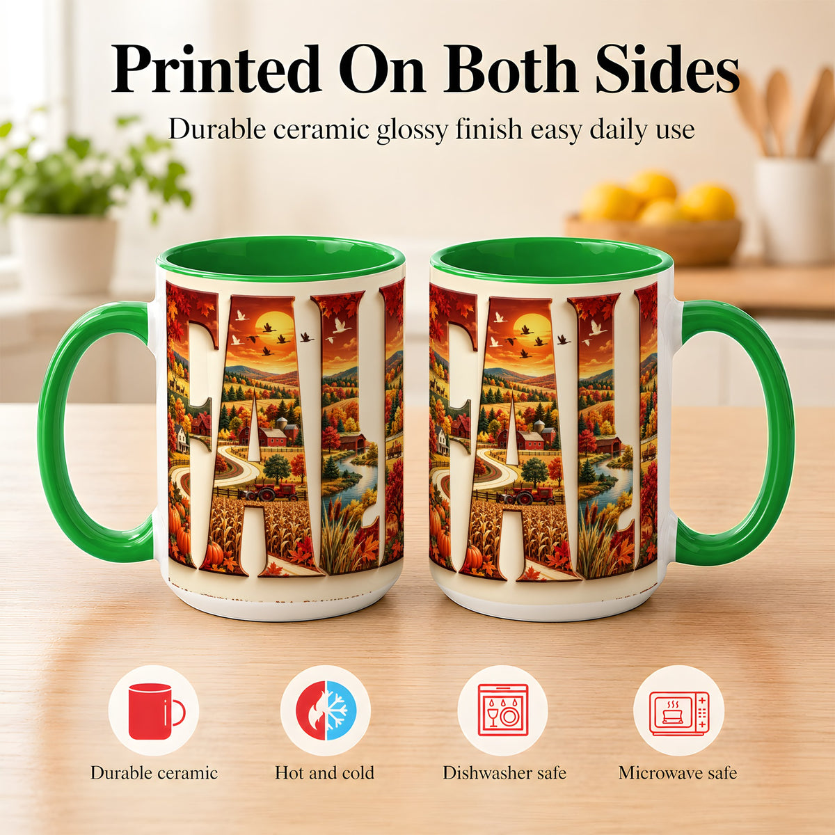 #pl[15oz|Green] Autumn Farm Coffee Mug, Fall Harvest Mug, Ceramic Cup
