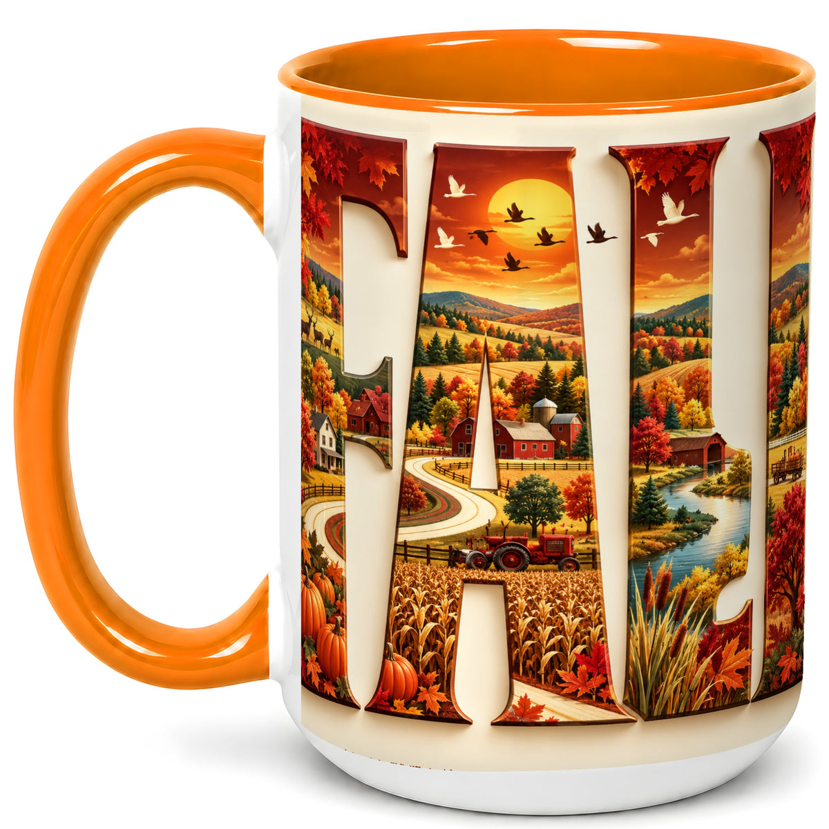 #pl[15oz|Orange] Autumn Farm Coffee Mug, Fall Harvest Mug, Ceramic Cup