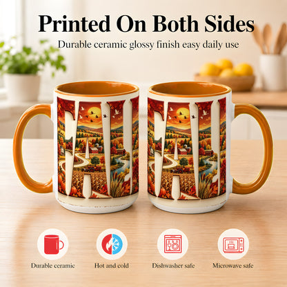 #pl[15oz|Orange] Autumn Farm Coffee Mug, Fall Harvest Mug, Ceramic Cup