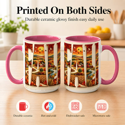 #pl[15oz|Pink] Autumn Farm Coffee Mug, Fall Harvest Mug, Ceramic Cup