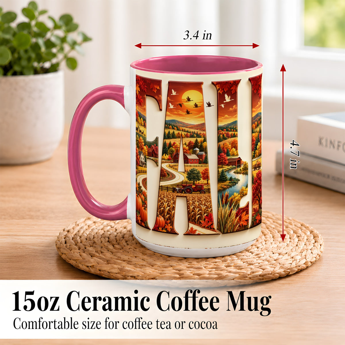 #pl[15oz|Pink] Autumn Farm Coffee Mug, Fall Harvest Mug, Ceramic Cup