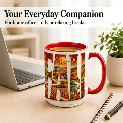 #pl[15oz|Red] Autumn Farm Coffee Mug, Fall Harvest Mug, Ceramic Cup