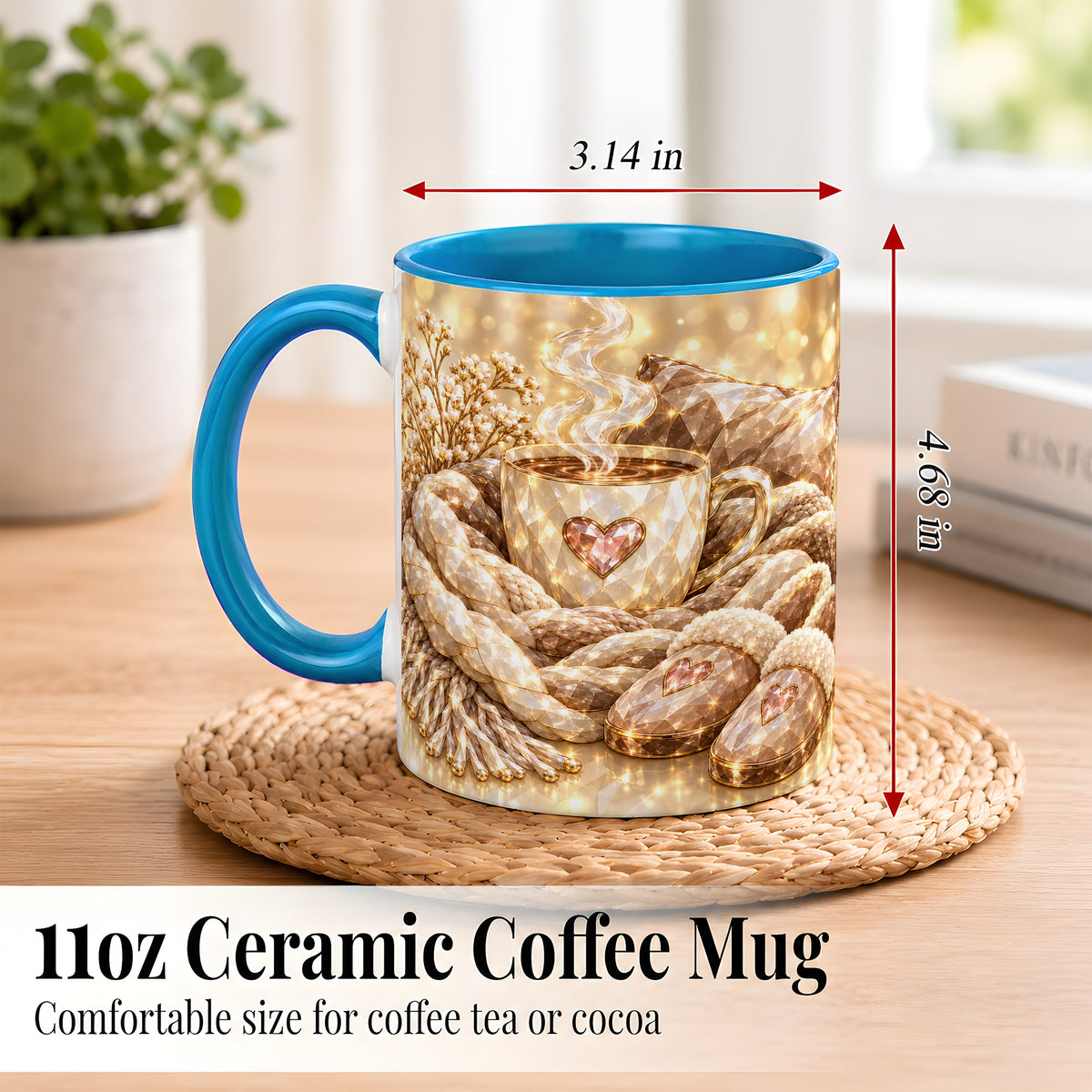 #pl[11oz|Blue] Cozy Heart Coffee Mug, Faceted Gem Style Mug, Ceramic Cup