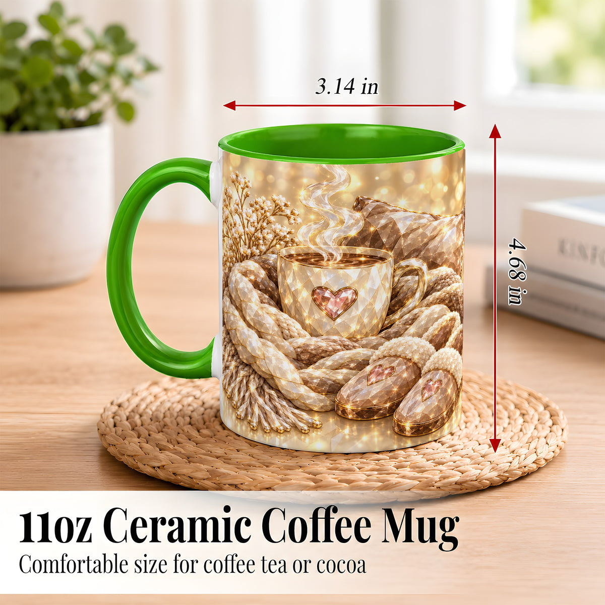 #pl[11oz|Green] Cozy Heart Coffee Mug, Faceted Gem Style Mug, Ceramic Cup