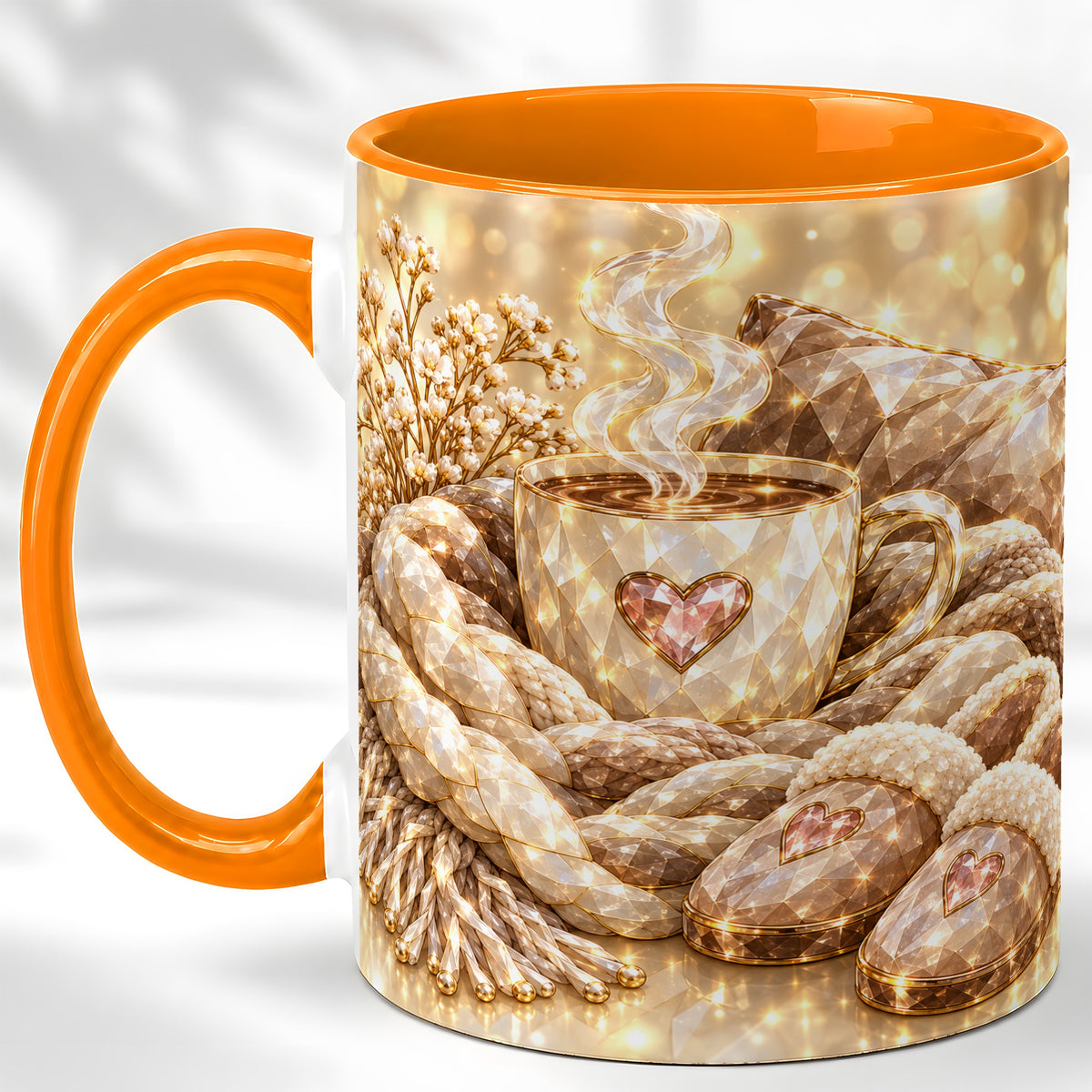 #pl[11oz|Orange] Cozy Heart Coffee Mug, Faceted Gem Style Mug, Ceramic Cup