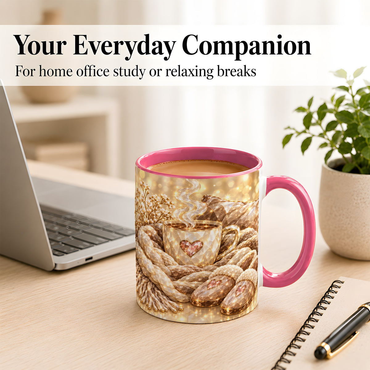#pl[11oz|Pink] Cozy Heart Coffee Mug, Faceted Gem Style Mug, Ceramic Cup