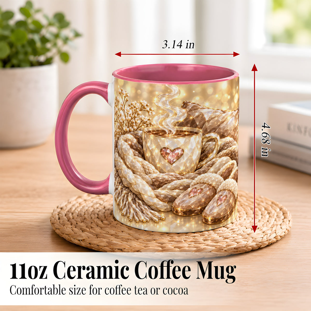 #pl[11oz|Pink] Cozy Heart Coffee Mug, Faceted Gem Style Mug, Ceramic Cup