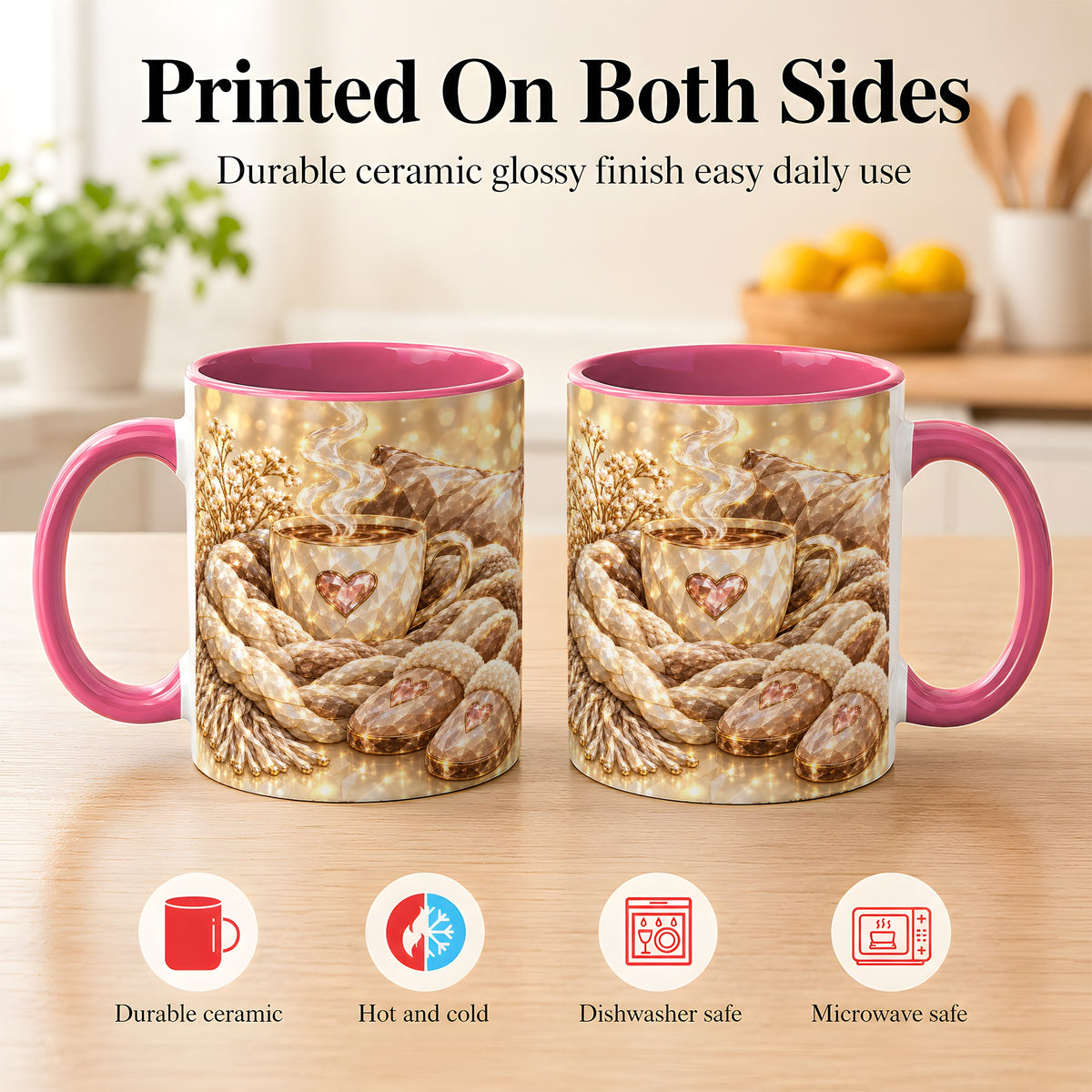 #pl[11oz|Pink] Cozy Heart Coffee Mug, Faceted Gem Style Mug, Ceramic Cup