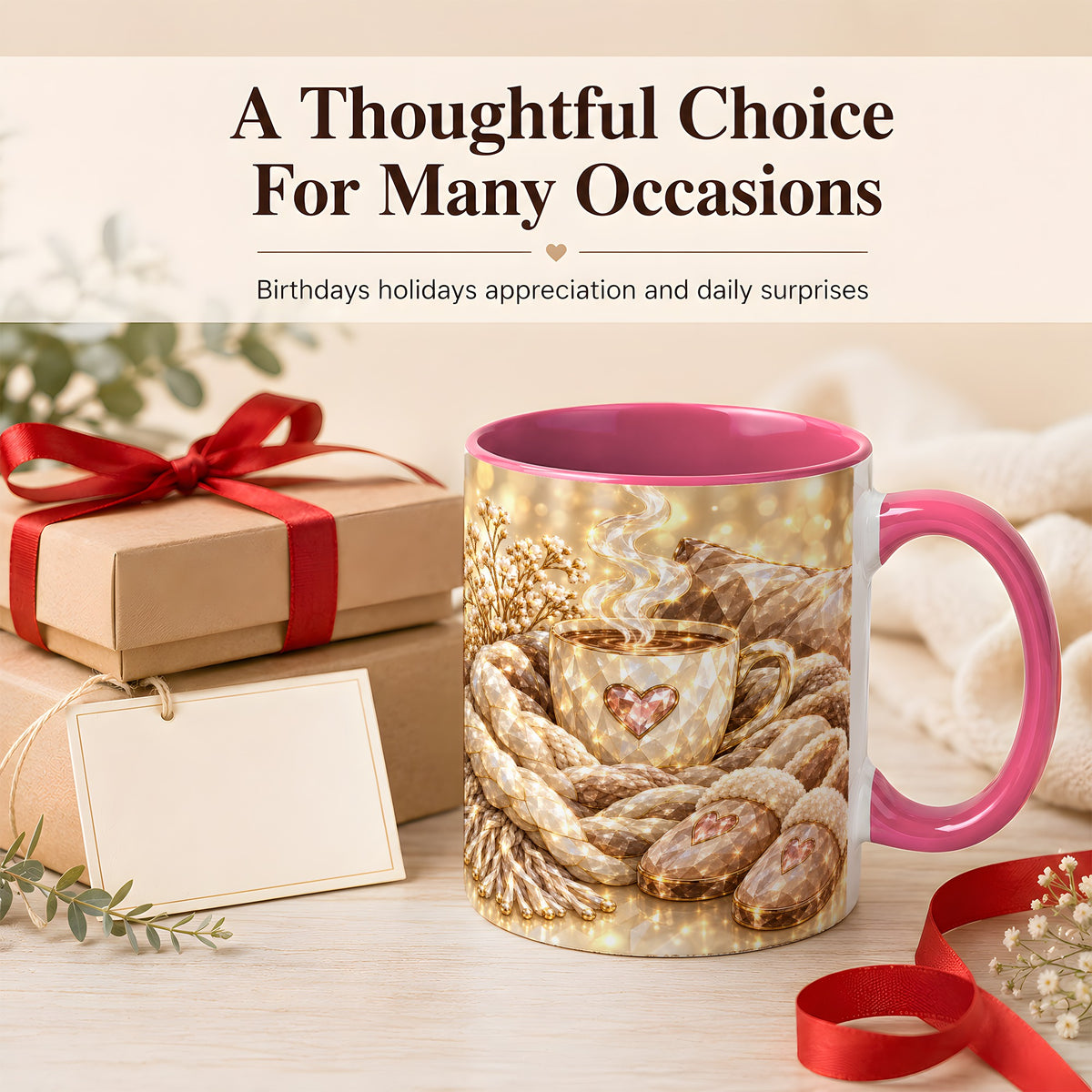 #pl[11oz|Pink] Cozy Heart Coffee Mug, Faceted Gem Style Mug, Ceramic Cup