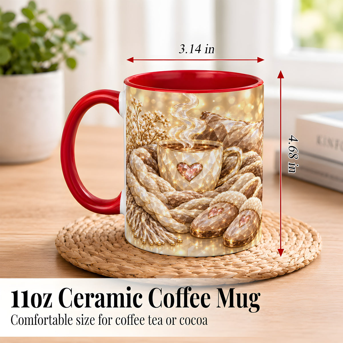 #pl[11oz|Red] Cozy Heart Coffee Mug, Faceted Gem Style Mug, Ceramic Cup