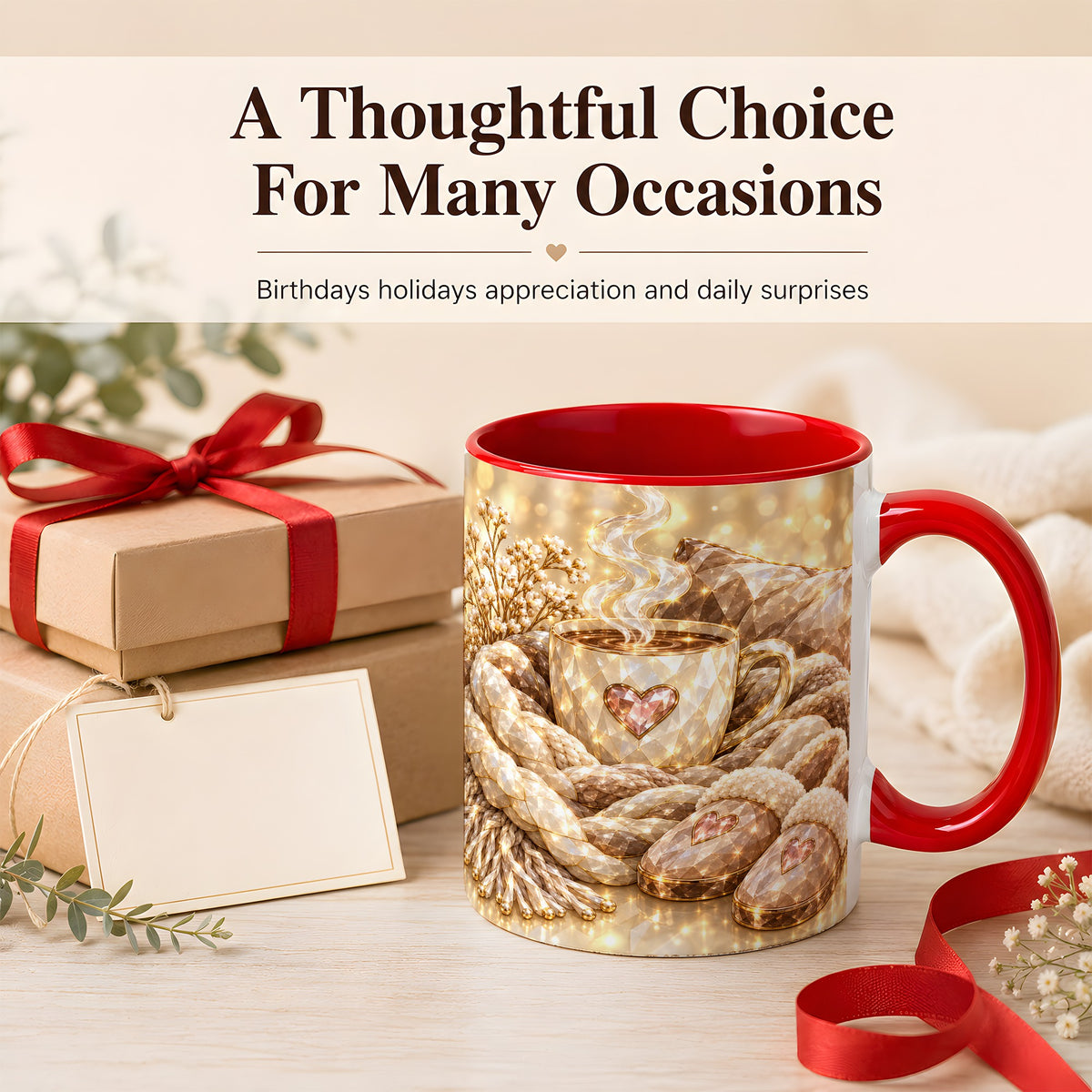 #pl[11oz|Red] Cozy Heart Coffee Mug, Faceted Gem Style Mug, Ceramic Cup