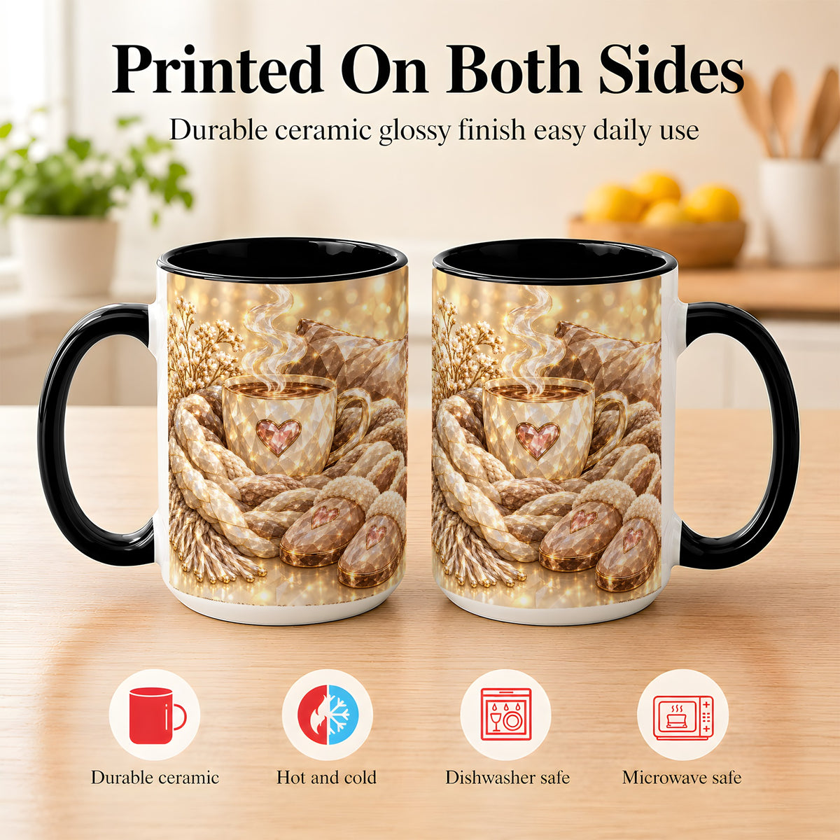 #pl[15oz|Black] Cozy Heart Coffee Mug, Faceted Gem Style Mug, Ceramic Cup