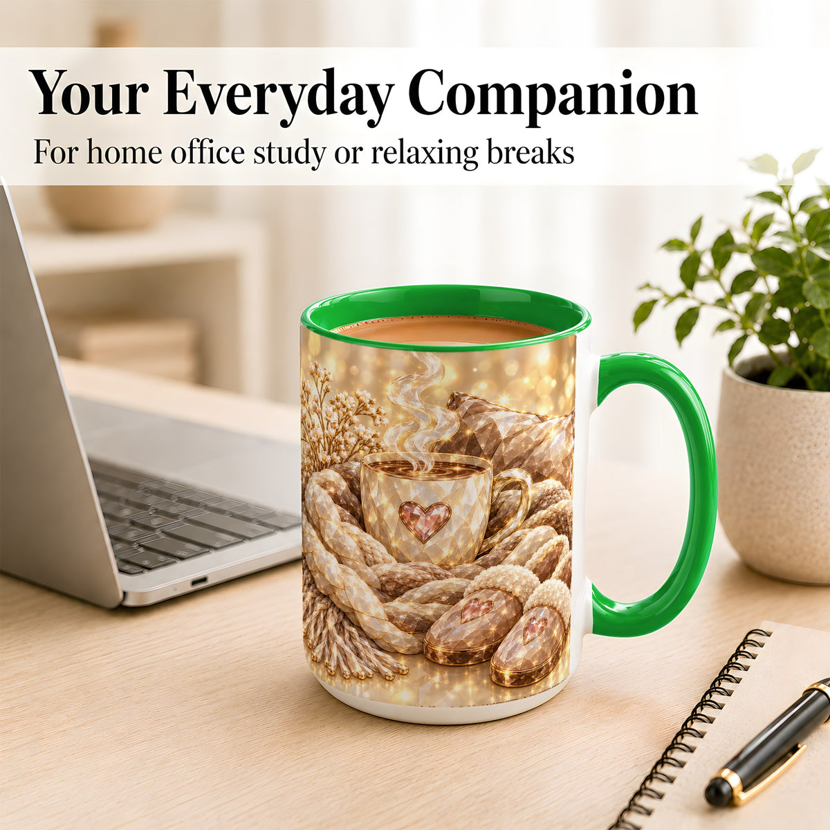 #pl[15oz|Green] Cozy Heart Coffee Mug, Faceted Gem Style Mug, Ceramic Cup