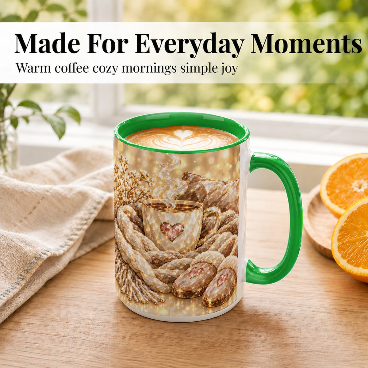 #pl[15oz|Green] Cozy Heart Coffee Mug, Faceted Gem Style Mug, Ceramic Cup