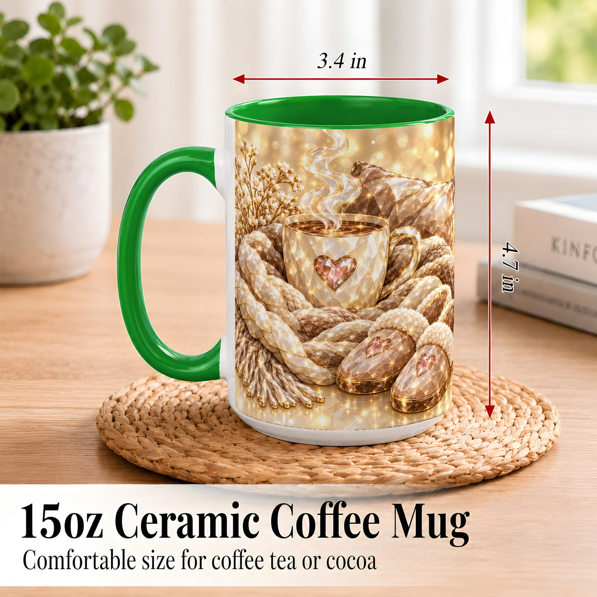 #pl[15oz|Green] Cozy Heart Coffee Mug, Faceted Gem Style Mug, Ceramic Cup