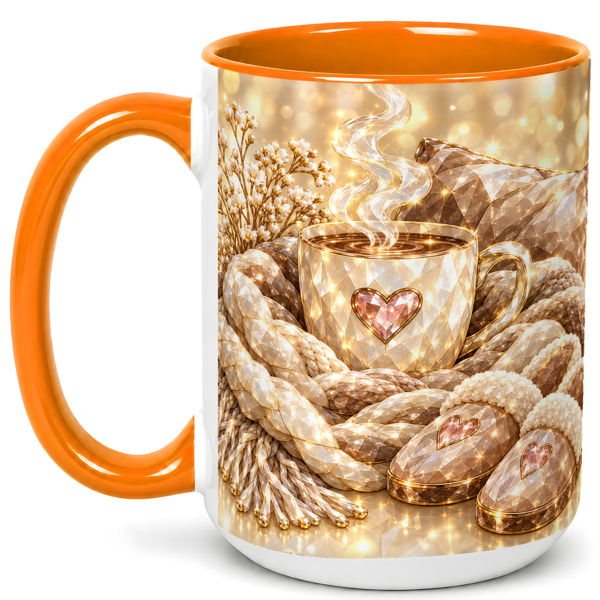 #pl[15oz|Orange] Cozy Heart Coffee Mug, Faceted Gem Style Mug, Ceramic Cup