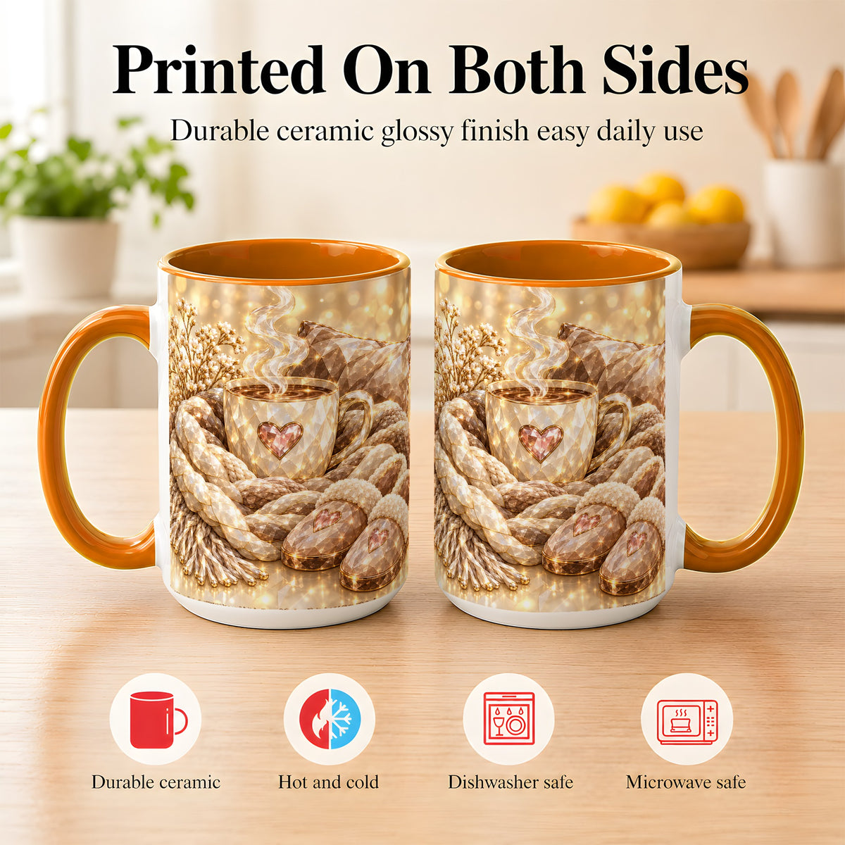 #pl[15oz|Orange] Cozy Heart Coffee Mug, Faceted Gem Style Mug, Ceramic Cup