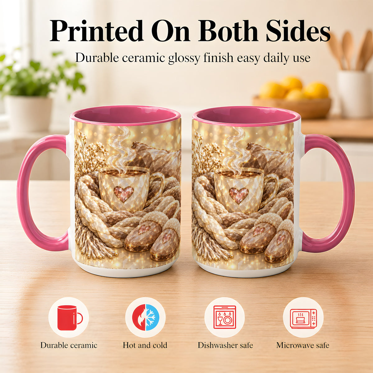 #pl[15oz|Pink] Cozy Heart Coffee Mug, Faceted Gem Style Mug, Ceramic Cup