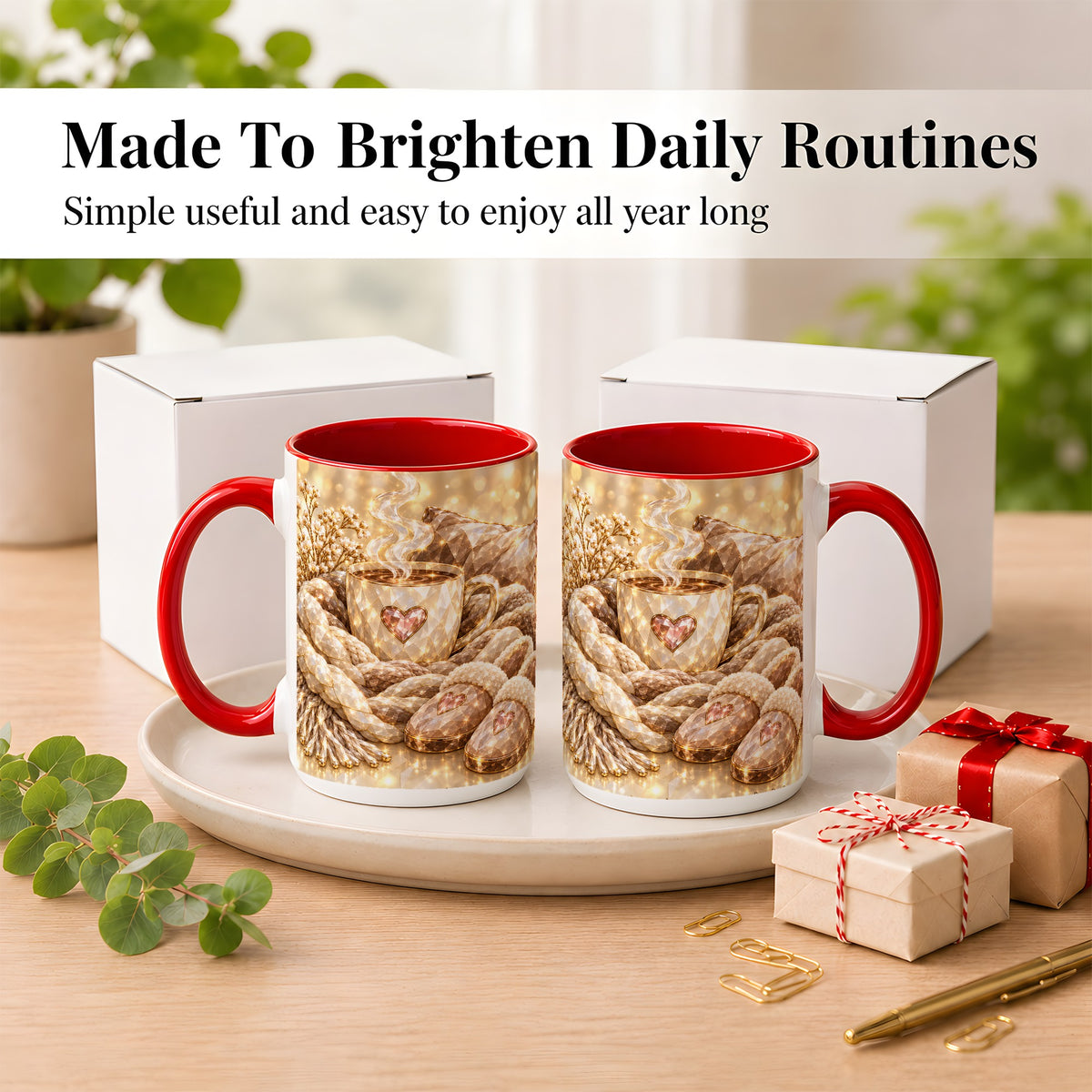 #pl[15oz|Red] Cozy Heart Coffee Mug, Faceted Gem Style Mug, Ceramic Cup