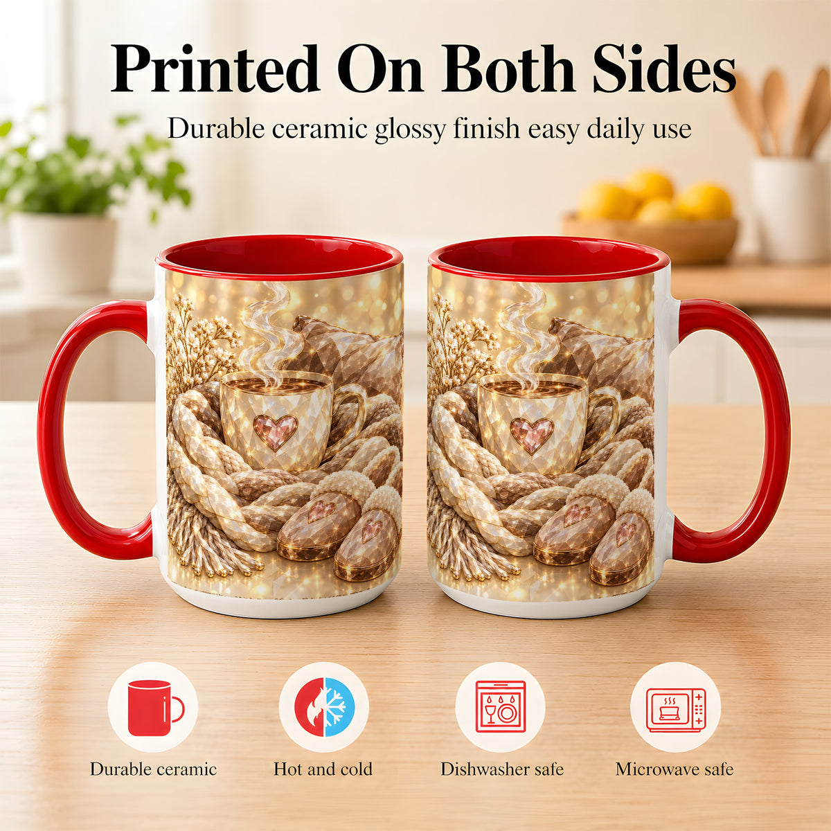 #pl[15oz|Red] Cozy Heart Coffee Mug, Faceted Gem Style Mug, Ceramic Cup