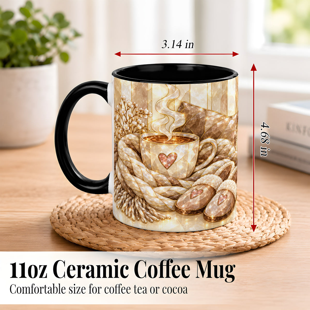 #pl[11oz|Black] Cozy Heart Coffee Mug, Stained Glass Style Mug, Ceramic Cup