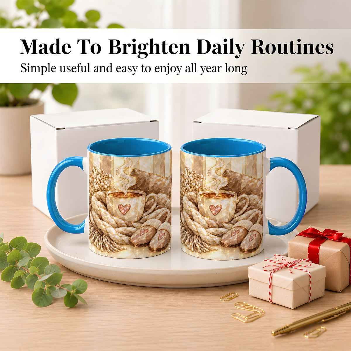 #pl[11oz|Blue] Cozy Heart Coffee Mug, Stained Glass Style Mug, Ceramic Cup