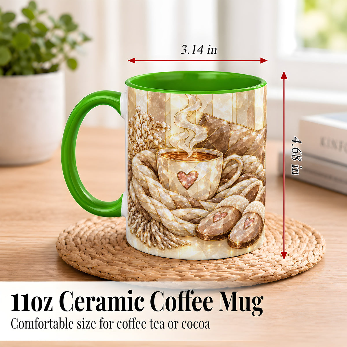 #pl[11oz|Green] Cozy Heart Coffee Mug, Stained Glass Style Mug, Ceramic Cup